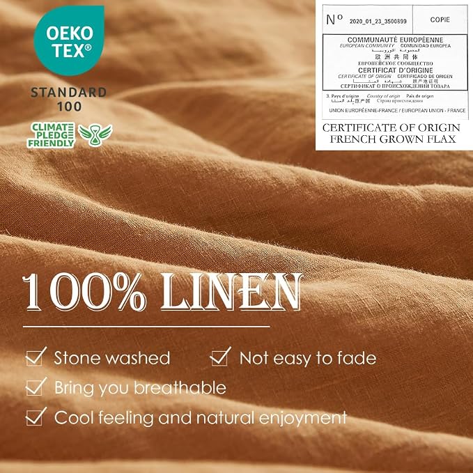 Simple&Opulence 100% Linen Duvet Cover Set 2pcs Basic Style Natural French Washed Flax Solid Color Soft Breathable Farmhouse Bedding with Button Closure - Rust, Twin