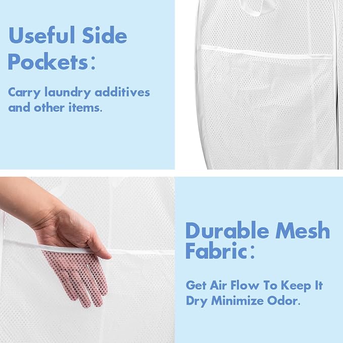 2 Pack Pop Up Laundry Hampers, 70 L Collapsible Foldable Mesh Basket, White | Reinforced handles, breathable fabric, foldable, portable for dorm college travel camping cruise, dirty clothes, toys storage