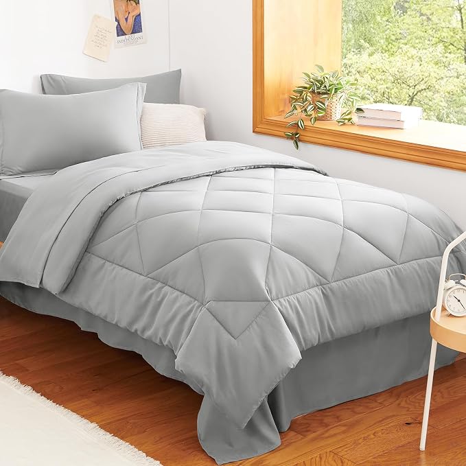 Twin XL Comforter Set Light Grey - 5 Pieces Complete Bedding Set | College Dorm Essentials, OEKO-TEX Certified, All Season, 240GSM Down-Alternative Comforter, Sheets, Pillowcase & Sham