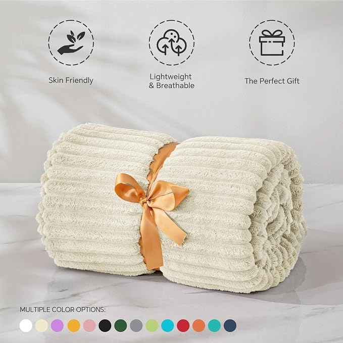BEDELITE Ribbed Jacquard Beige Fleece Throw Blanket for Couch, 50x60 Inch | Soft Warm Decorative Fluffy Blanket, Cozy Plush Lightweight Fuzzy Throw Blanket for Bed Sofa Home Room Decor, Gift for Women