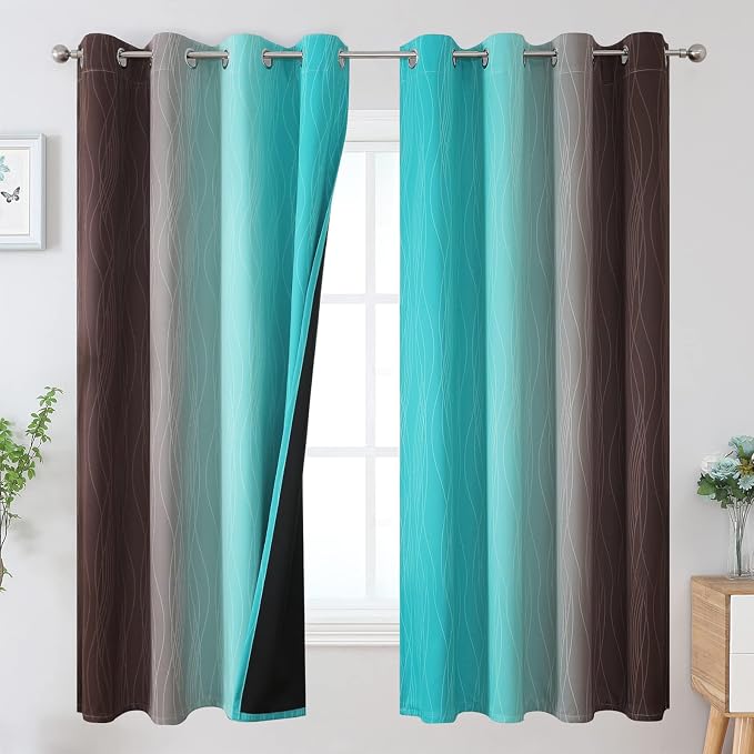 Brown and Teal Ombre Blackout Curtains for Bedroom 63 Inch | Light Blocking Gradient Kids Curtains for Living Room,Thermal Insulated,Room Darkening Grommet Window Drapes,52Wx63L,2 Panels