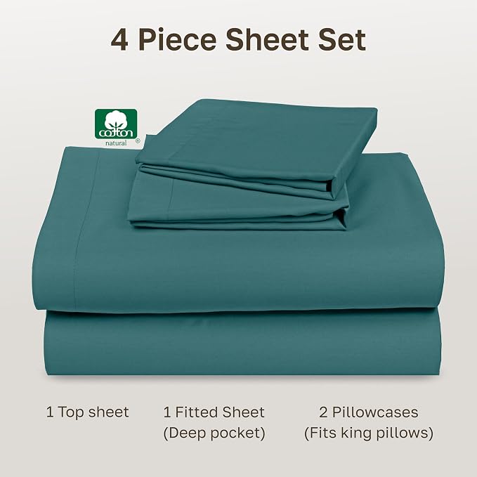 Soft Natural 100% Cotton Sateen King Bed Sheets, 4 Pc Set, Teal (Deep Tone) | Backed by Good Housekeeping Seal, Light & Breathable For Hot Sleepers, 14" Deep Pocket, All-Around Elastic, Durable