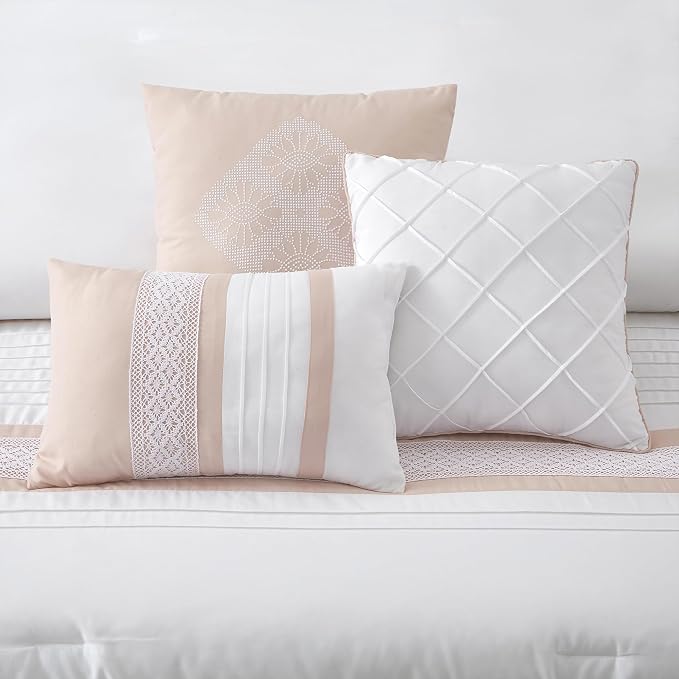 7 Piece Comforter Set, Pink White, California King, Boho Style Geometric Microfiber Embroidery, Bed in a Bag with Bedskirt, Pillow Shams and Decor Pillows