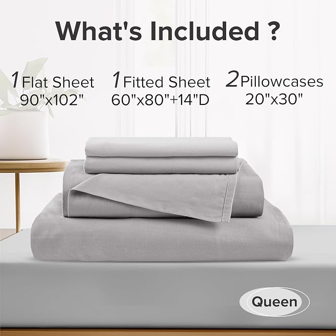 Comfort Spaces 100% Cotton Percale Sheets Queen Sheet Set 4 Piece, Grey | Crisp, Cool & Breathable Bed Sheets, 14" Deep Pocket Fits Up to 16" Mattress, Lightweight, All Season Cozy, with Pillow Case