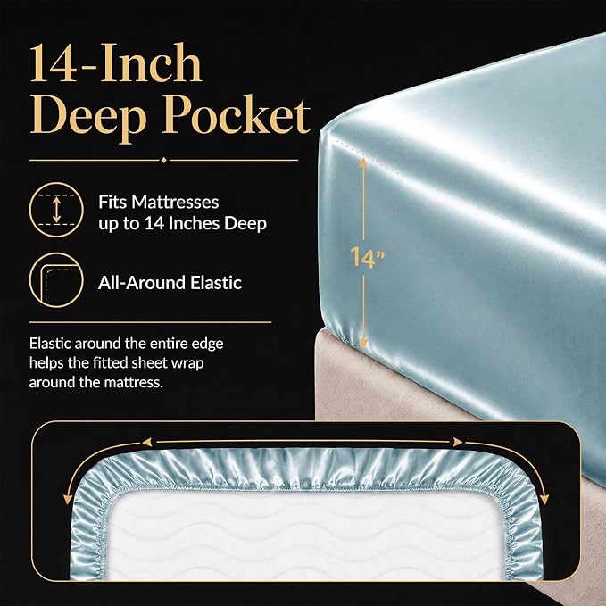 CozyLux Satin Sheets Full, 4-Piece 14-Inch Deep Pocket Sheet Set | OEKO-TEX Certified Silky Soft Sheet Set for Hair & Skin, Luxurious Silky-Smooth Satin for Elegant Bedroom Decor, Light Blue