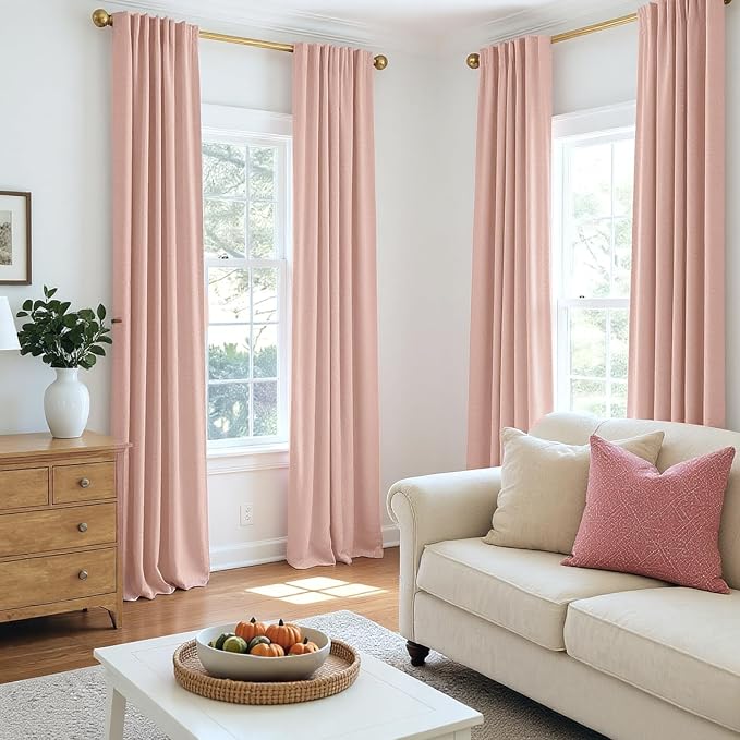 INOVADAY 100% Blackout Linen Curtains for Bedroom 50x90 Inches Blush Pink | Linen Textured, Light Blocking, Room Darkening, Thermal Insulated, Back Tab Top, Window Curtains for Living Room, 2 Panels