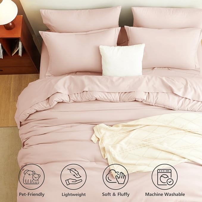 King Size Comforter Set Blush Pink, 7 Pieces Bed in a Bag | OEKO-TEX Certified, All-Season, Bedroom, 240GSM Down Alternative Comforter, Flat & Fitted Sheets, 2 Pillowcases & 2 Shams