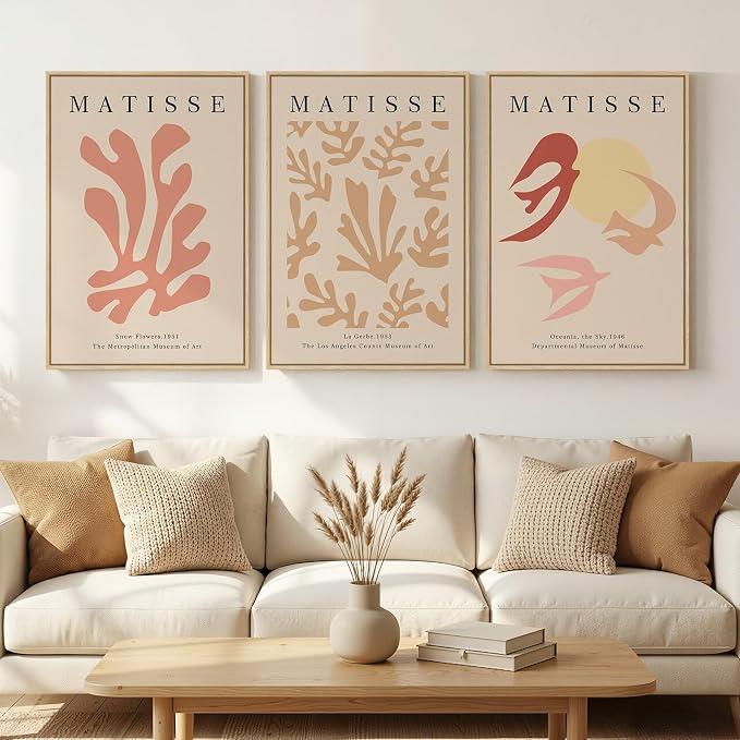 Large Framed Pink Matisse Botanical Floral Canvas Wall Art, Set of 3 | Fine art prints, Abstract design, Neutral tone, Classical style, 30x60 inch, Living room, Bedroom, Hallway, Office decor