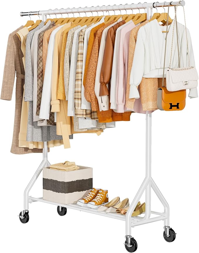 HYSEYY Heavy Duty Clothes Rack Load 450 LBS, Metal Garment Rack, Standing Rolling Clothing Rack for Hanging Clothes with Sturdy Wheels & Shelves, Portable Closet Wardrobe Rack,White