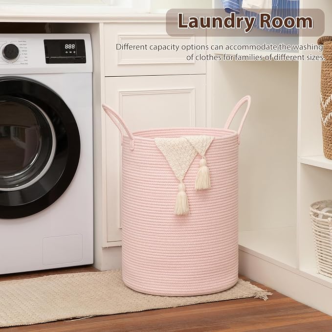 OIAHOMY 60L Nursery Hamper Laundry Basket Laundry Hamper Pink | collapsible Blanket Basket Cotton Rope Woven Basket Dirty Clothes Hamper Baby Hamper Tall Clothes Hamper with Handles