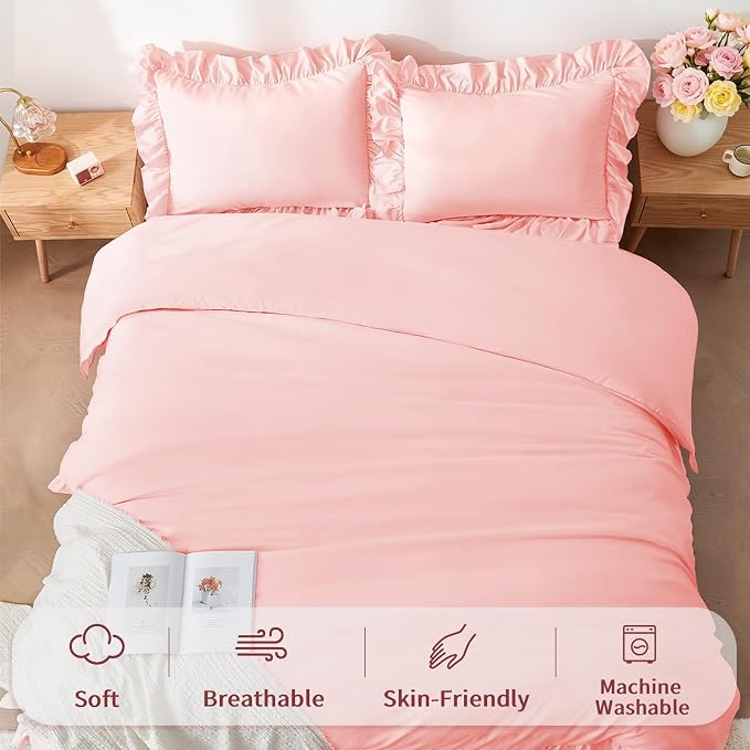 FUANNA Pink Duvet Cover Full Size 3 Piece, Farmhouse Shabby Chic Bedding | Ultra Soft 4-Inch Ruffle Duvet Cover Set with Corner Ties & 2 Pillow Shams, Vintage Bed Set for Women & Girls, No Comforter