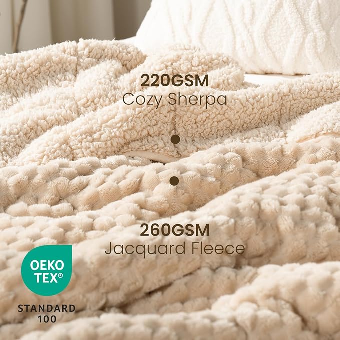 Drewin Weighted Blanket Queen Size 15lbs for Adults,Beige,60 x 80 inches | Stress Relief & Better Sleep,Soft Jacquard Sherpa with Glass Beads,Machine Washable,Great for Napping,Relaxing,Reading
