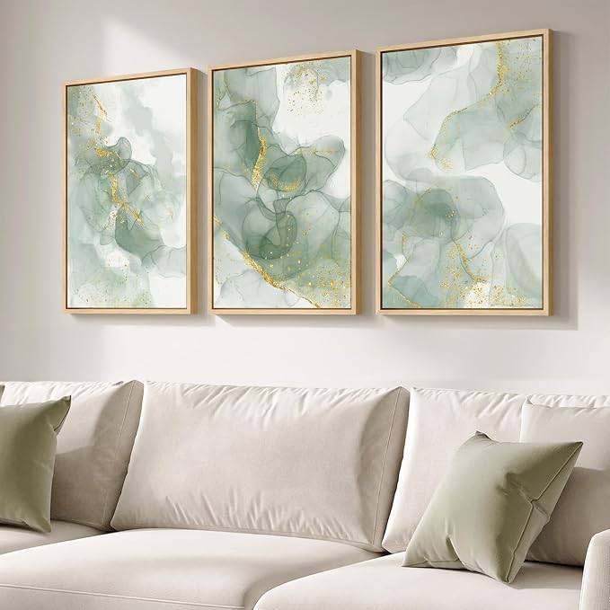 Framed Sage Green Abstract Wall Art for Bedroom, 3 Piece Set, Each 16x24 In | Green and gold pictures, Canvas prints, Modern minimalist painting, Artwork for walls, Wall decor for living room dining room