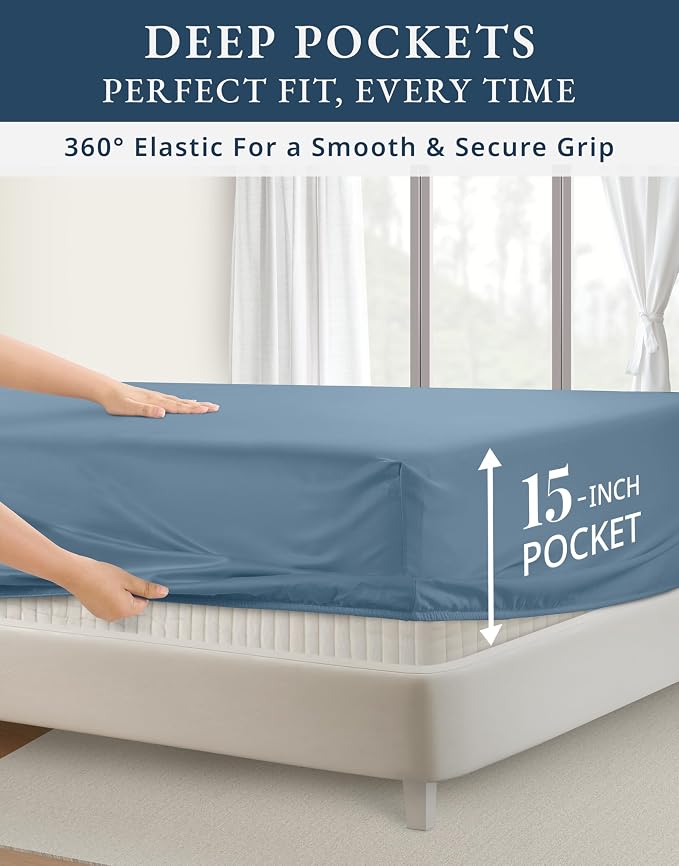 LANE LINEN Sleep Number Sheets Split Top King Sateen - Mountian Spring | King Size Deep Pocket Sheets - 4-Piece Set, For Guests And Everyday Use, For A Silky Hotel-Style Bed, Luxe Sheen