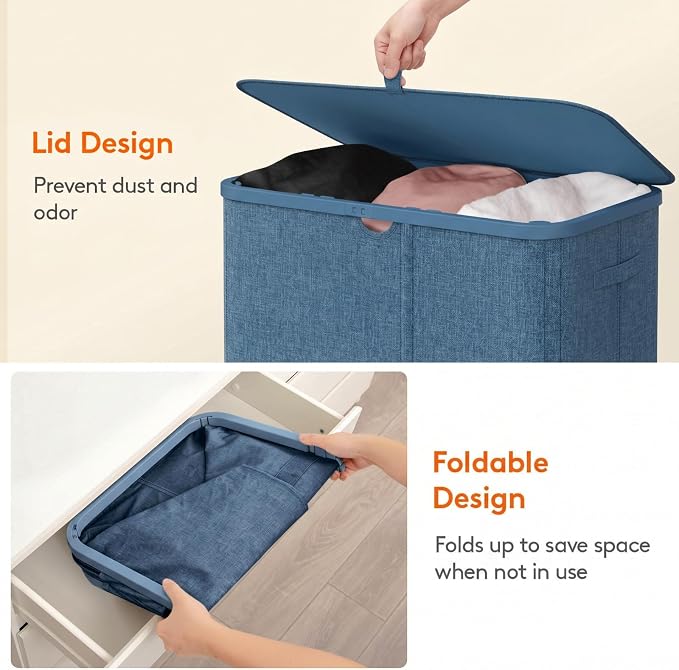 Lifewit 185L 3 Section Laundry Hamper with Lid, Laundry Basket, Dark Blue | Large Foldable Laundry Sorter with 3 Removable Bags, Tall Clothes Hamper for Bedroom and Bathroom