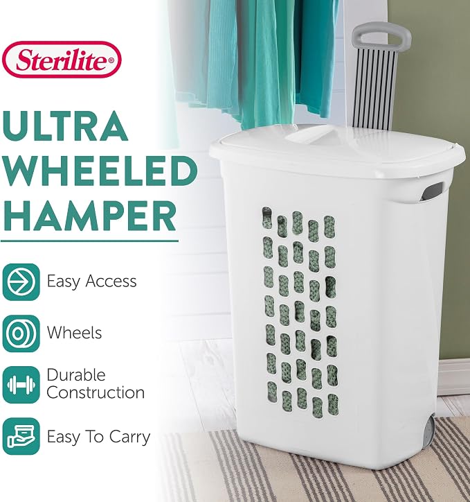Sterilite Ultra™ Wheeled Hamper, Plastic Laundry Hamper, White, 3 Pack