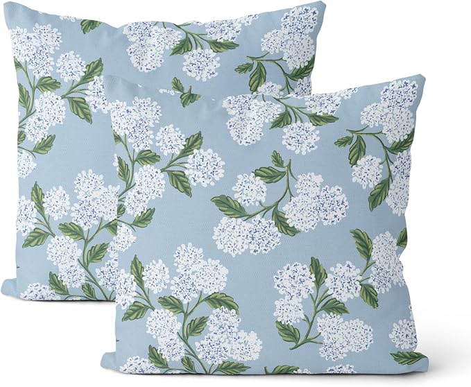 Light Blue Pillow Covers 20x20 Inch 2 Pcs Blue Green Hydrangea Flower Decor Throw Pillows Vintage Floral Seasonal Spring Summer Outdoor Decoration Pillowcase Linen Cushion Cover for Couch Sofa