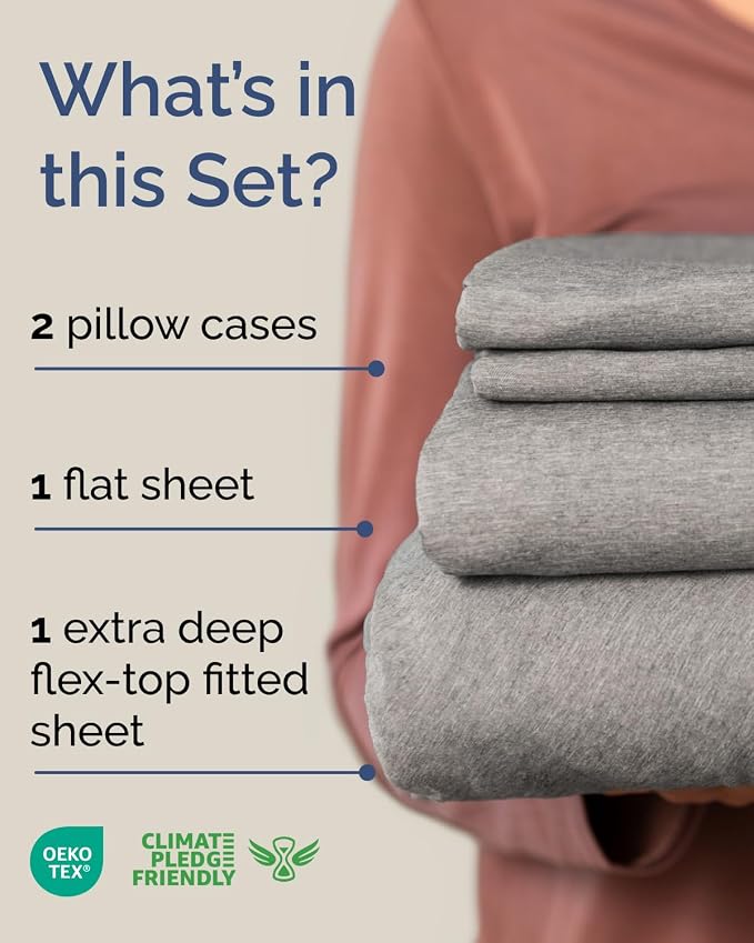 Flex Top Split Head King Sheet Set - 4 Piece Extra Deep - Heathered Grey | Easily Fits 18 to 24 inch Mattress, Ultra Soft, Wrinkle & Fade Free with Extra Deep Pockets, Comfy Hotel Luxury Bedding