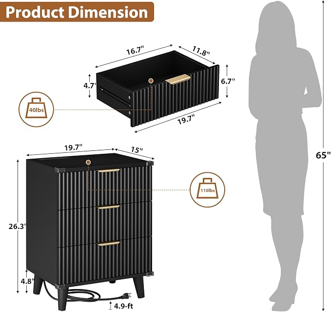Lulive Wood Bedside Table w/Charging Station, 3 Drawers Fluted Dresser | Black, Large Drawers, Metal Silent Rails, FSC Wooden, Sturdy Legs, Modern Fluted Panel, Living Room, Bedside Table