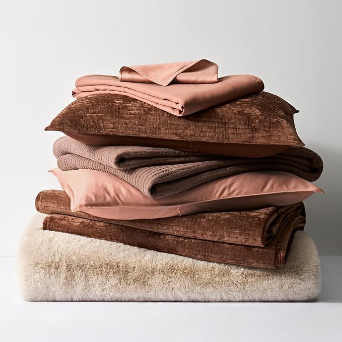 EverGrace Striped Channel Velvet Quilt Set, King Size, Rust Brown | Luxurious Soft Lightweight Velvet Comforter, Oversized Bedspread Coverlet, Quilted Bedding Set for All Season, with 2 Shams
