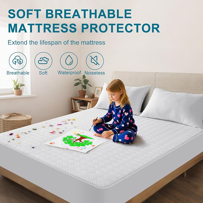 Waterproof Twin XL Size Mattress Protector with Deep Pockets, White | Breathable Noiseless Soft Mattress Pad Cover Fits 8"-21" Deep Mattresses, Great for Home, Hotel & Bedroom, Machine Washable