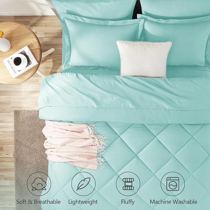 Oversized King Size Comforter Set Spa Blue - 7 Pieces Bed in a Bag | OEKO-TEX Certified, All Season, 240GSM Down-Alternative Comforter, Sheets, Pillowcases & Shams, 14" Deep Pocket, Easy Care