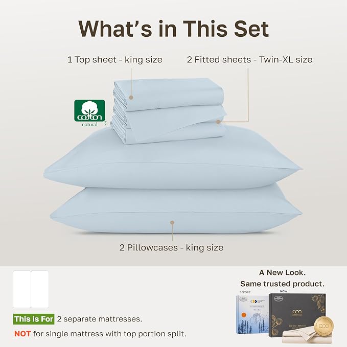 California Design Den 800 Thread Count Split King Bed Sheets, 5 Pc Set | 100% Cotton Sateen, Good Housekeeping Seal, Split King Sheets Sets for Adjustable Bed with 2 Separate Twin-XL Mattresses
