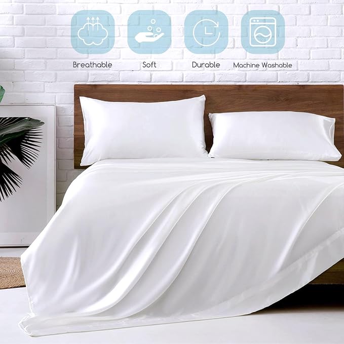 MR&HM Satin Sheets California King Size Sheet Set, White, 4 Pieces | Silky Bed Sheets with Elastic Corner Straps, 15" Deep Pocket, Similar to Silk, Gentle on Skin and Hair, Soft & Cooling