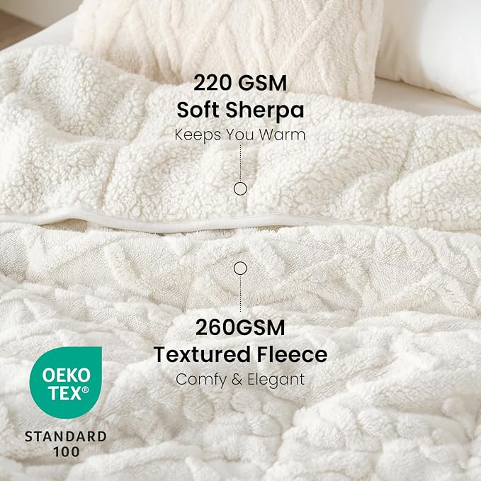Drewin Weighted Blanket 15lbs Queen Size for Adults,Cream White,60" x 80" | Stress Relief & Better Sleep,Soft Jacquard Sherpa with Glass Beads,Machine Washable,Great for Napping,Relaxing,Reading