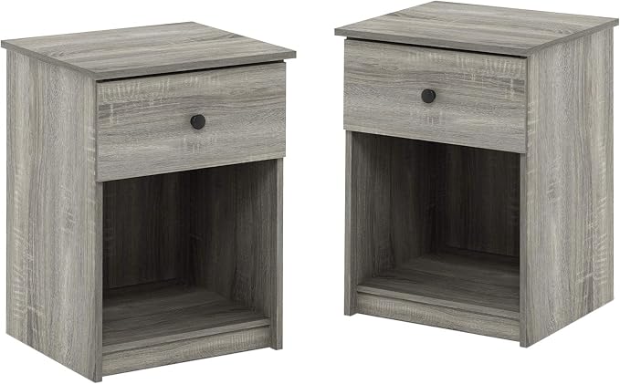 Furinno TIDUR Set of 2 Night Stand with Drawer, French Oak | Knob Handle Drawer, Modern Nightstand with Storage Shelf, Bedside Table, End Table, Side Table, for Bedroom, Closet, Dorm