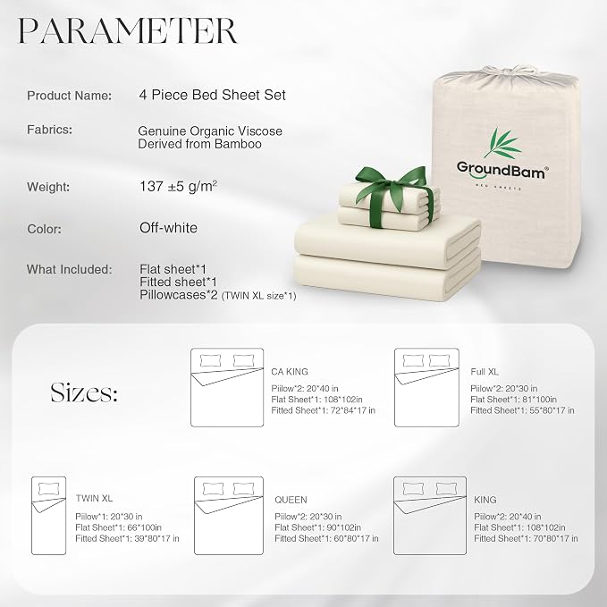 Silver Infused Bed Sheets Set, Temperature-Regulating Fabric with Self-Cleaning Technology for 3X Freshness Sleep, Genuine Organic Viscose Derived from Bamboo (TwinXL, OffWhite)