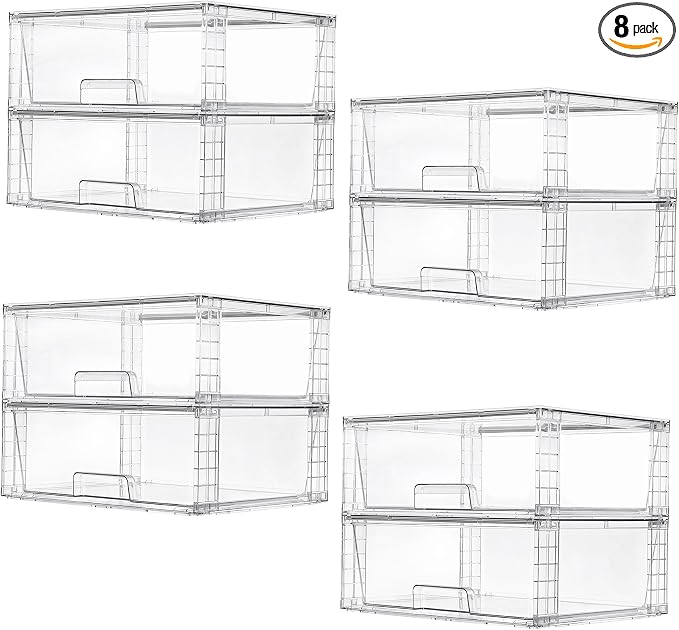 Vtopmart 8 Pack Large Clear Stackable Storage Drawers for Closet, Pantry | Easily Assemble Bathroom Closet Undersink Organizers,Plastic Bins for Cabinet,Kitchen Pantry,Medicine Organization