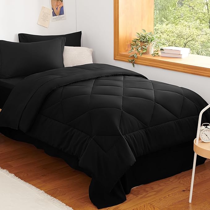 Twin Comforter Set Black - 5 Pieces Complete Bedding Set | OEKO-TEX Certified, All Season, Teen, Single, Dorm, 240GSM Down-Alternative Comforter, Sheets, Pillowcase & Sham, Easy Care