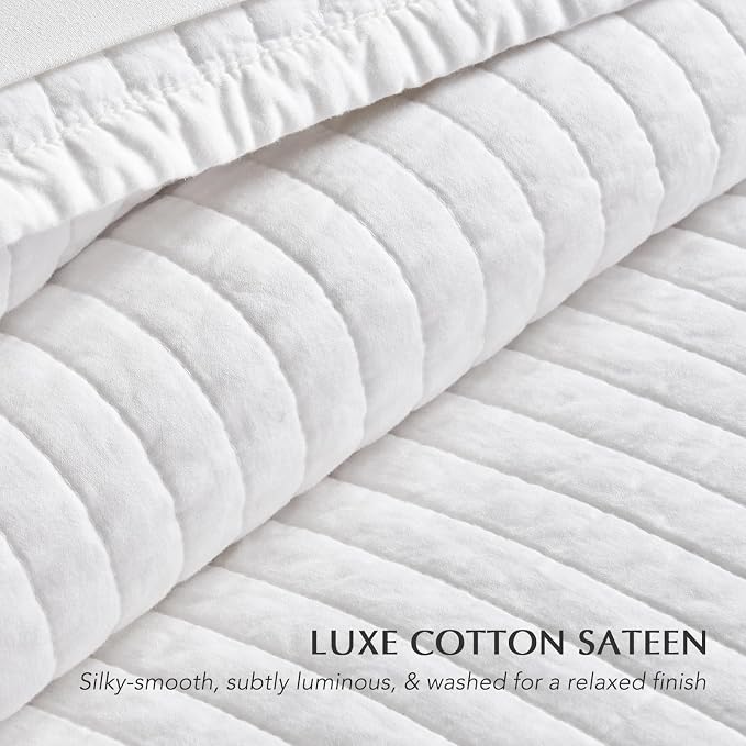 EVERGRACEHOME Cotton Sateen Quilt Set, Queen Size, Bright White | 100% Cotton, Channel Stitch Coverlet Bedspread, Pre-Washed Lightweight Soft Bedding Set for All Season, 3 Piece, with 2 Shams