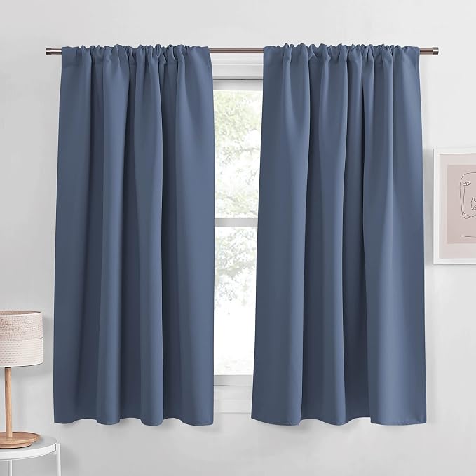 PONY DANCE Rod Pocket Blue Haze Blackout Curtains for Bedroom - Thermal Insulated Room Darkening Curtain for Living Room, 52 x 54 Inch, 2 Panels