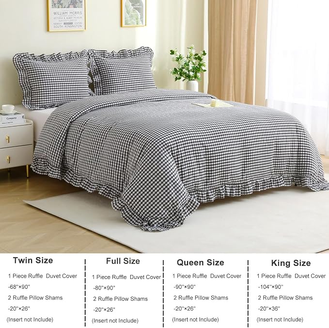 Silnuo Black/White Gingham Plaid Ruffle 3-Piece Duvet Cover Set King Size | 100% Washed Cotton Shabby Checkered Bedding Set Farmhouse Comforter Cover Set(King,Black/White)