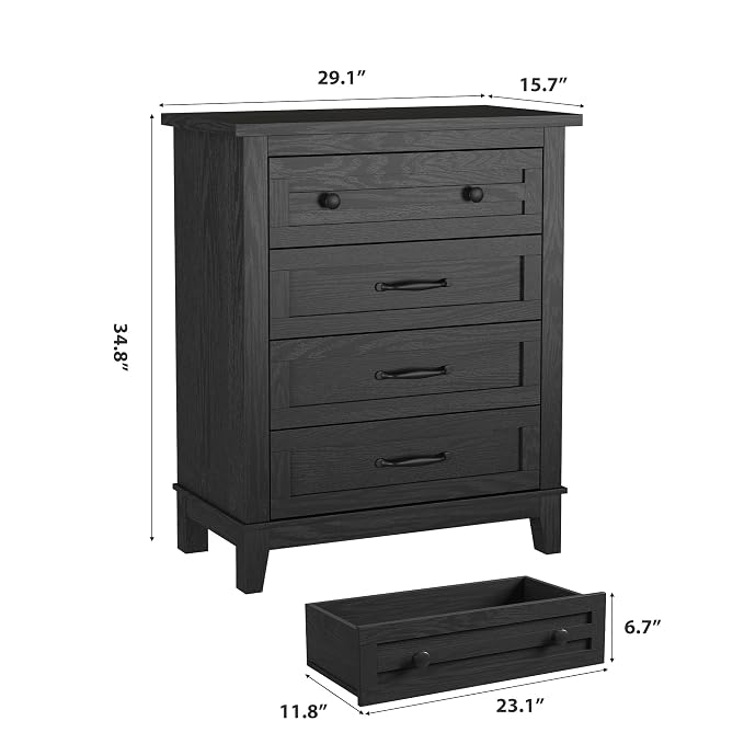 GarveeHome 4 Dresser for Bedroom, 34.8" Tall Vertical Drawer Dresser with Large Storage, Freestanding Wooden Closet Chest for Bedroom, Living Room, Black