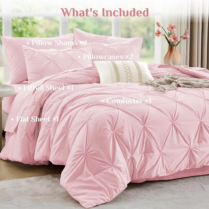 JOLLYVOGUE California King Comforter Set 7 Pieces - Bed in a Bag Cal King for All Season, Pintuck Bedding Comforter Sets with Comforter, Flat Sheet, Fitted Sheet and Pillowcases & Shams, Baby Pink