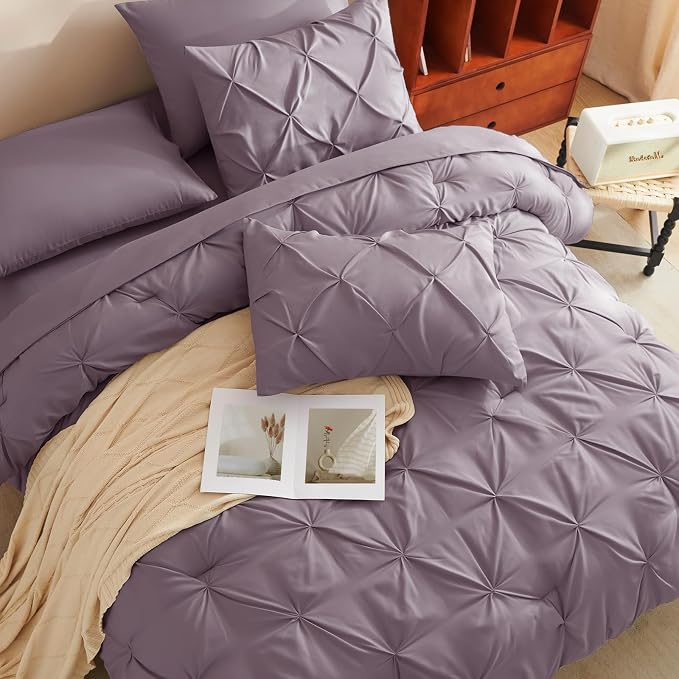 HIMEET King Size Comforter Set Dusty Purple - 7 Pieces Pintuck Bed in a Bag | OEKO-TEX Certified, 240GSM Down Alternative Comforter, 14" Deep Pocket Fitted Sheet + Flat Sheet + 2 Pillowcases + 2 Shams