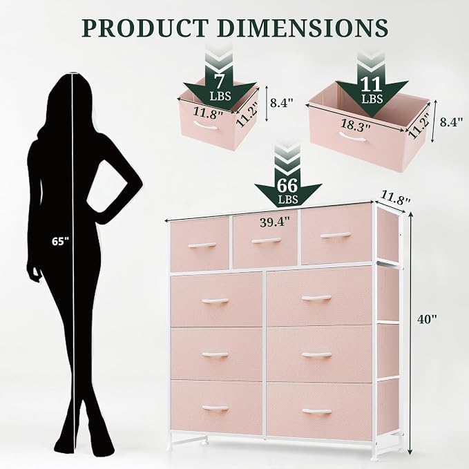 9-Drawer Dresser for Bedroom, Anti-Tip Tall Storage Organizer | Chest of Drawers with Wooden Top and Metal Frame Fabric Bins for Closet, Living Room, Hallway, Entryway, Pink
