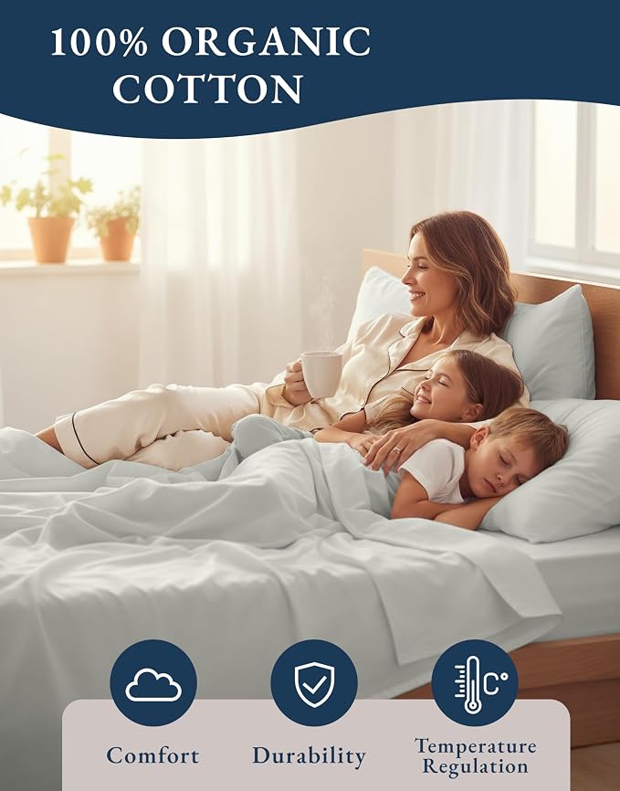 LANE LINEN Queen Sheet Set 100% Organic Cotton Cooling Soft - Glacier Grey | Organic Cotton Percale Queen Sheet Set - Naturally Cooling & Lightweight, Cool All Summer, Cozy All Winter, Great For Gifting
