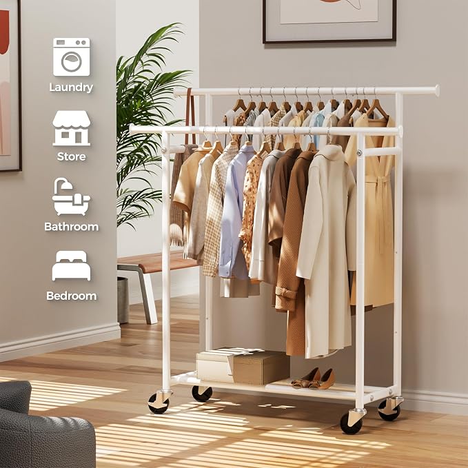 HYSEYY Clothes Rack, Double Rods Rolling Clothing Rack for Hanging Clothes, Portable Garment Rack with Wheels, Coat Rack Wardrobe Closet Load 240 LBS for Bedroom Laundry Room (White, L)