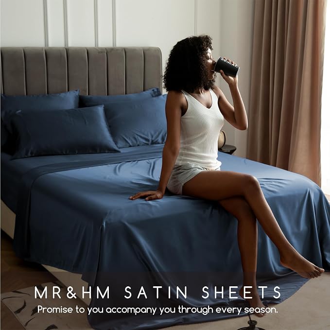 MR&HM Satin Sheets Full Size with Elastic Corner Straps, Mood Indigo | Similar to Silk, 4-Piece Silky Soft Bed Sheet Set, Gentle on Skin and Hair, 15" Deep Pocket, Cooling & Breathable
