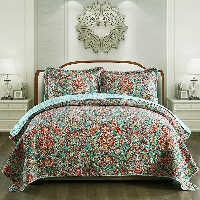 Cotton Bedspread Quilt Sets-Reversible Patchwork Coverlet Set, European Gorgeous Floral Pattern, Twin Size