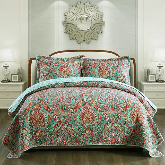Cotton Bedspread Quilt Sets-Reversible Patchwork Coverlet Set, European Gorgeous Floral Pattern, Queen Size