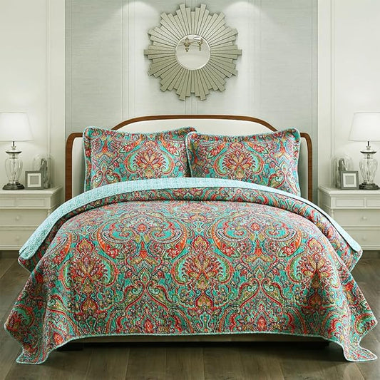 Cotton Bedspread Quilt Sets-Reversible Patchwork Coverlet Set, European Gorgeous Floral Pattern, Queen Size