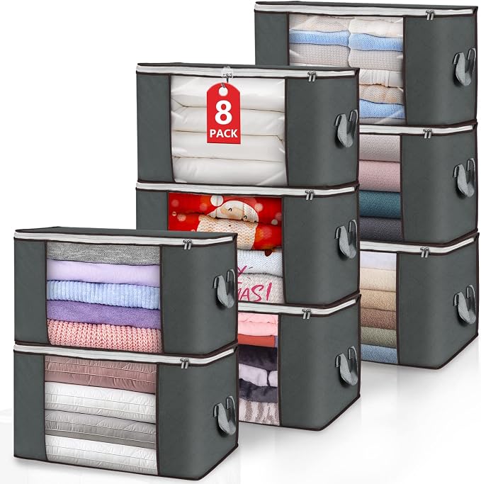 90L Large Storage Bags, 8 Pack Clothes Storage Bins Closet Organizers | Foldable Storage Containers, with Reinforced Handle, for Clothing, Blanket, Comforters, Bed Sheets, Pillows and Toys
