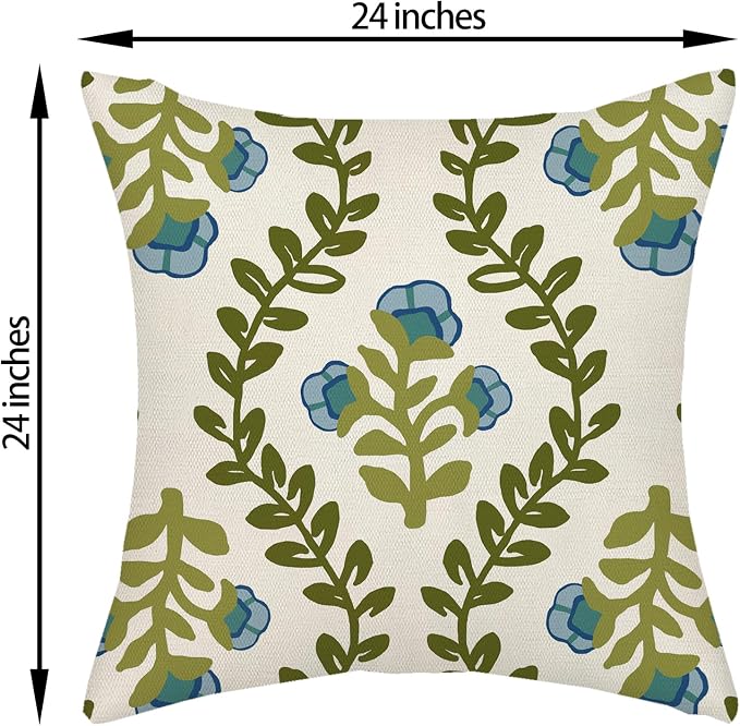 Sage Green Boho Pillow Covers 24x24 Inch 2 Pcs Blue Green Floral Leaves Decor Throw Pillows Vintage Flower Seasonal Spring Summer Outdoor Farmhouse Pillowcase Linen Cushion Cover for Couch Sofa