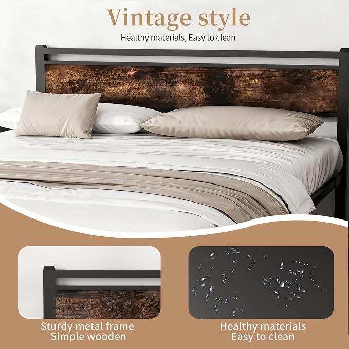 Easy Install 16 Inch Full Size Bed Frame with Headboard&Footboard | Large Under Bed Storage, No Box Spring Needed, Non-Slip Without Noise, Sturdy Steel Frame, Mattress Foundation, Brown