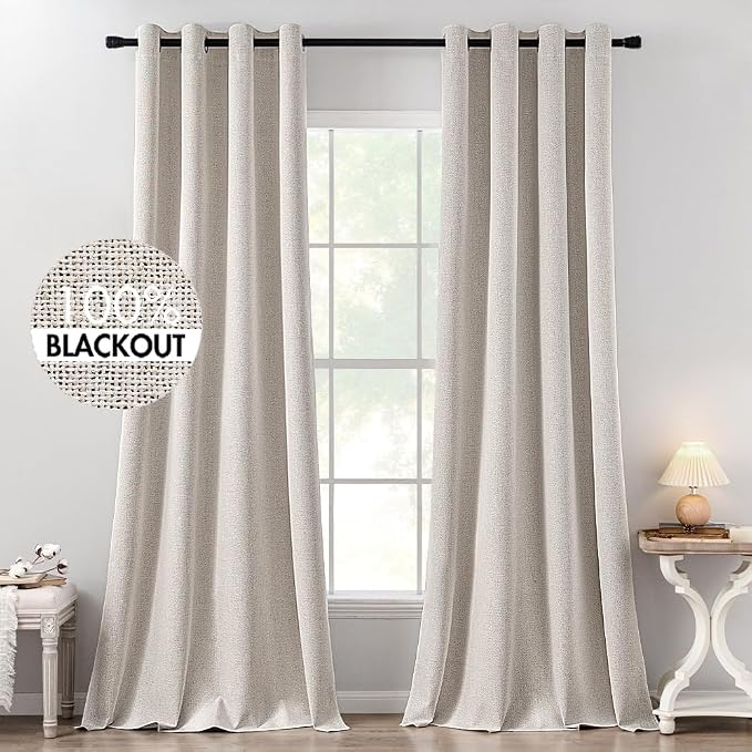 MIULEE 100% Blackout Linen Curtains for Bedroom 52x102 Inches Ivory | Room Darkening, Light Blocking, Thermal Insulated, Grommet Top, Linen Textured, Window Curtains for Living Room, 2 Panels